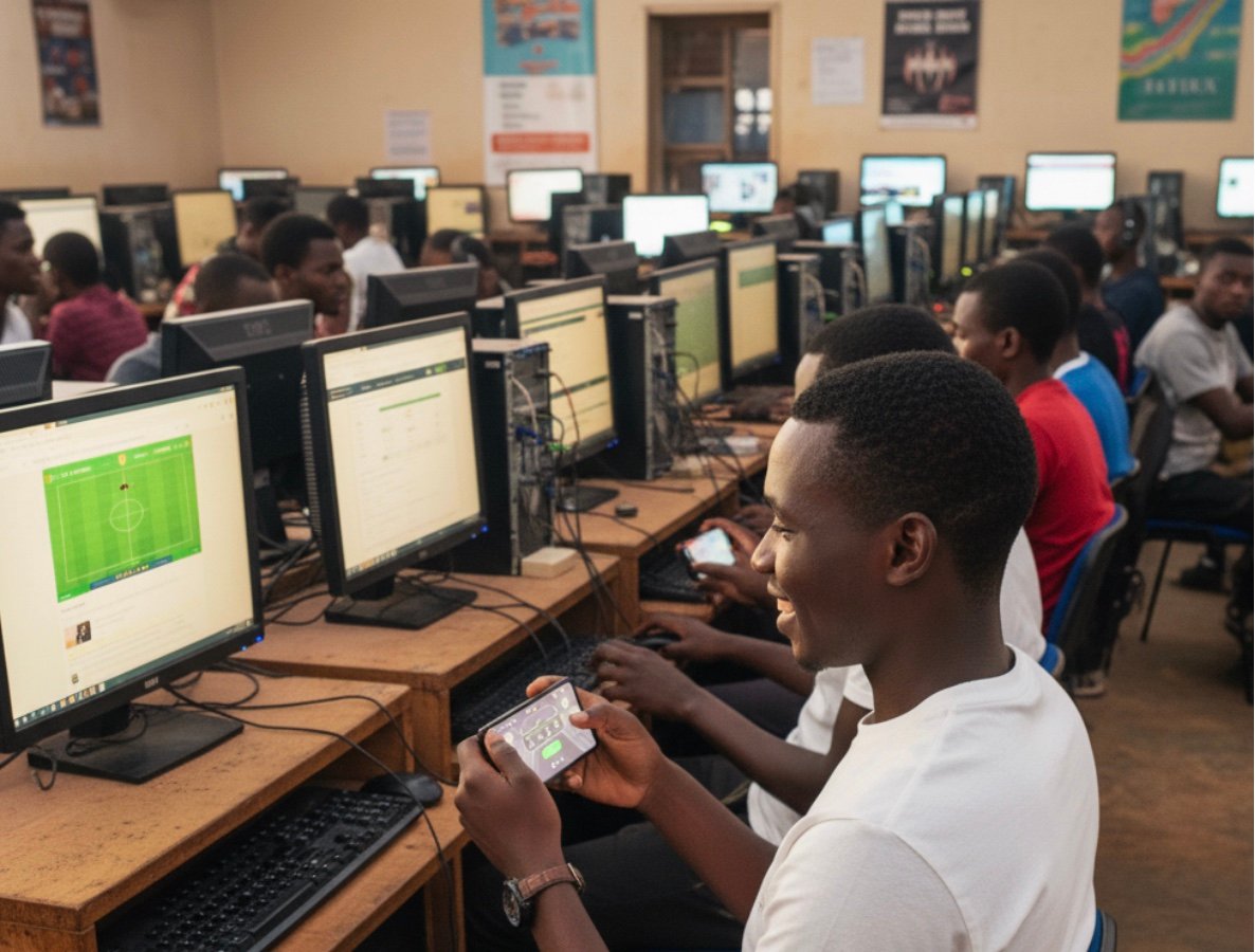 A section of Kenyans placing bets on their laptops and desktops. Image is courtesy of Google AI.